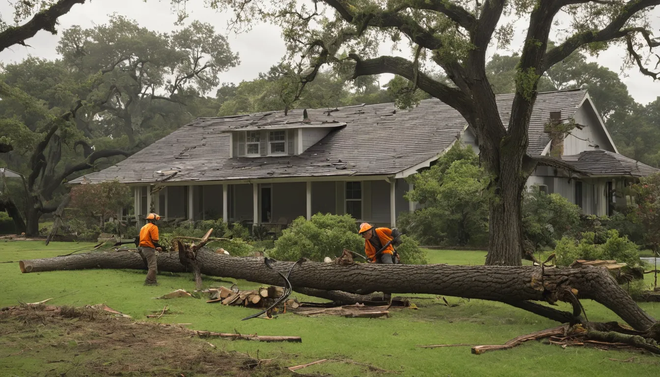Provider crew clearing a fallen tree from a house roof after a storm in St. Louis