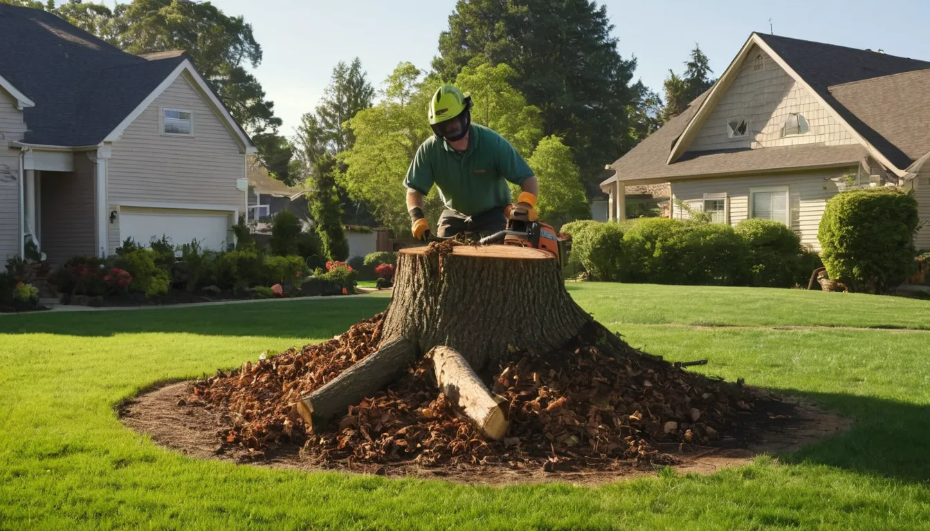 Provider grinding an old stump in a St. Louis backyard while a homeowner watches from a safe distance